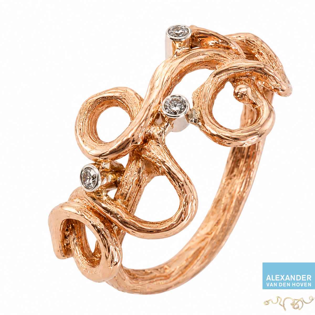 roodgouden ruwe grillige ring met briljanten diamanten